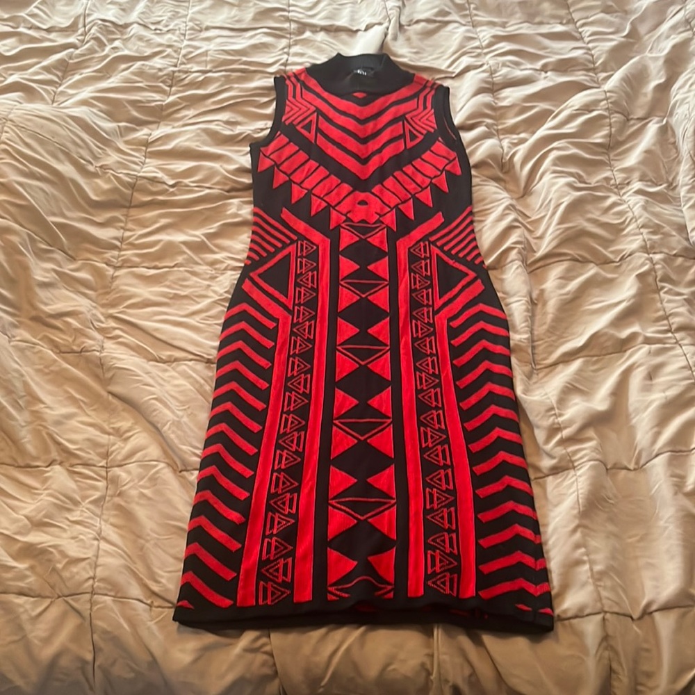 Red and black sleeveless sweater dress
